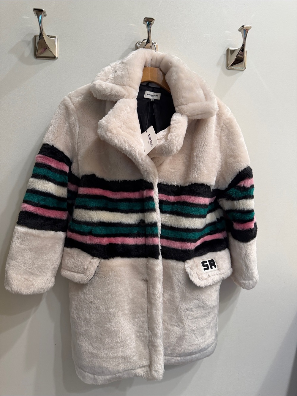 Sonia Rykiel Paris Cream Faux-Fur Puffer Coat with Green & Pink Stripes